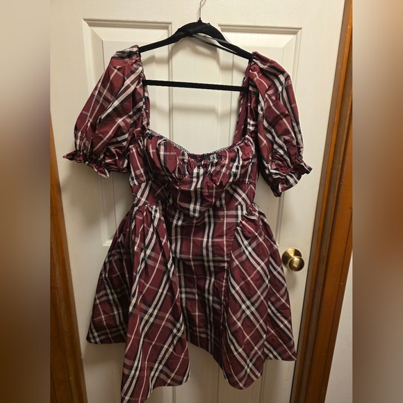 Maeve Burgundy Plaid Dress with Puff Sleeves New - Picture 3 of 9